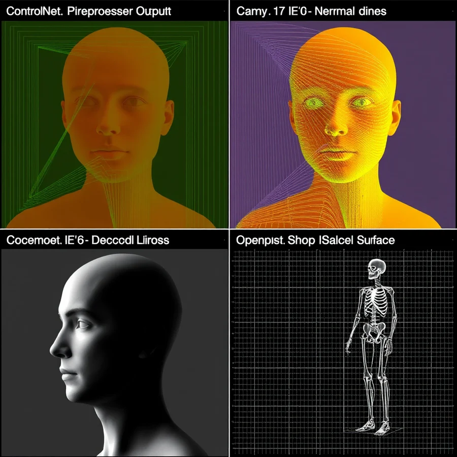Grid comparison of ControlNet preprocessor outputs including Canny edge detection, depth map, OpenPose skeleton, and Normal Map from the same input photograph