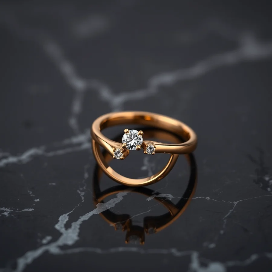 Close-up of a gold ring with diamond accents generated by SDXL 1.0, showing slightly softer gemstone definition and less precise chain link details on a dark marble surface